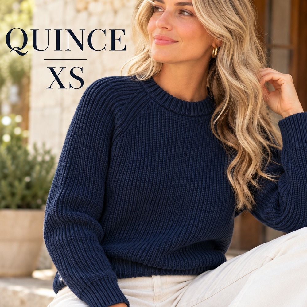 Quince Organic Cotton Fisherman Sweater XS Navy Cropped Ribbed Knit Heavyweight